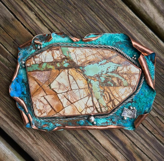 Big Copper & Turquoise Belt Buckle, Reclaimed Copper - Etsy display picture 1