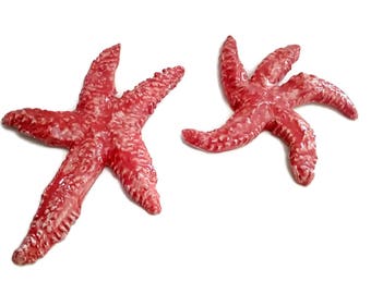 Decoración de pared de estrellas de mar de cerámica hecha a mano: juego de 2 adornos costeros de estrellas de mar
