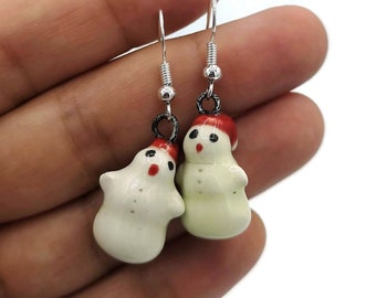 Handmade Ceramic Snowman Earrings, Cool Dangle Earrings, Cute Jewelry Best Gift For Her, Niece Gift From Aunt, Christmas Earrings, Clay