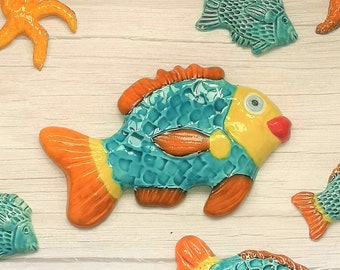 Handmade Ceramic Fish Wall Hanging, Hand Painted Colorful Artisan Pottery Wall Decor Beach Themed, Unique Ocean Wall Art For Home Decor