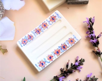 Floral Soap Bar Holder with drain, ceramic soap dish rectangular, sustainable gifts for men, eco friendly products