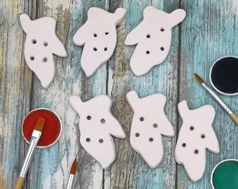 HALLOWEEN BUTTONS, CERAMIC Bisque Button Lot, Set of 6 Blank Ghost Shaped Sewing Buttons To Paint, Diy Craft Kit Customizable Ready To Paint