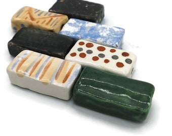 7Pc 35mm Extra Large Handmade Ceramic Rectangle Beads For Jewelry Making, Hand Painted Assorted Clay Beads Unique Unusual Jumbo Beads