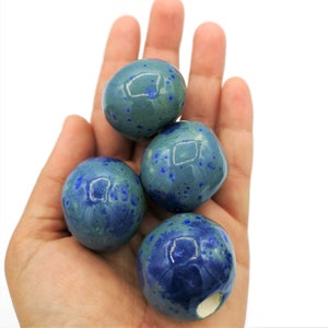1Pc Blue Handmade Ceramic Macrame Bead Large Hole, Unique Clay Beads For jewelry Making Supplies, Extra Large Focal Point Beads For Crafts