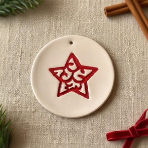Red and White Ceramic Star Ornament, Handmade Christmas Tree Decoration, Round Wall Hanging, 11cm Portuguese Pottery