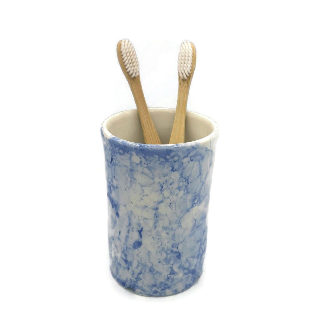 Handmade Ceramic Toothbrush Holder – Blue Pottery Tumbler, Desk ...
