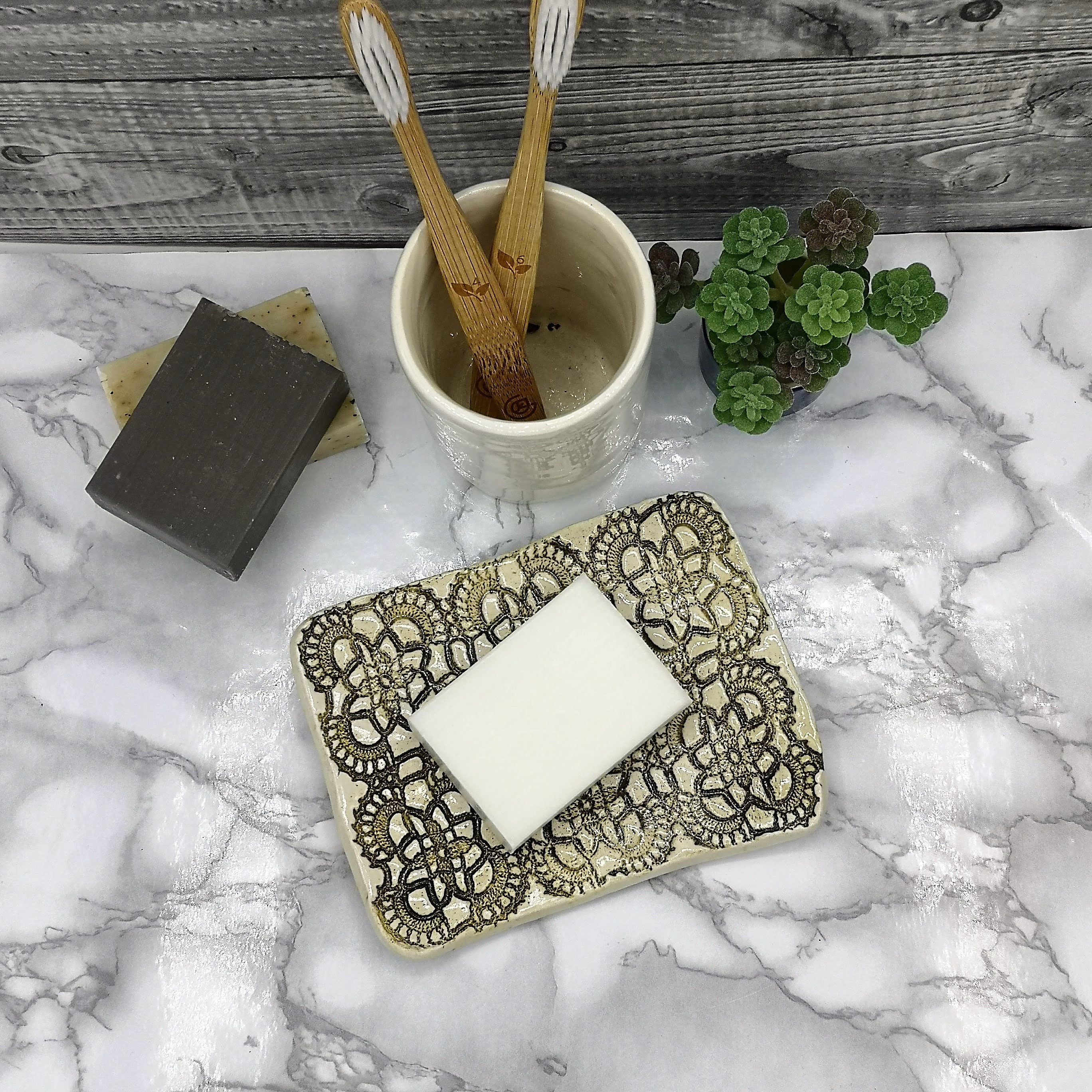 Handmade Ceramic Soap Dish with Drain, Beige Soap Bar Holder, 14cm…