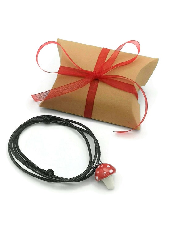 Collier Pendentif Champignon Porcelaine Rouge Beige - Sans Métal - Neuf - Femme