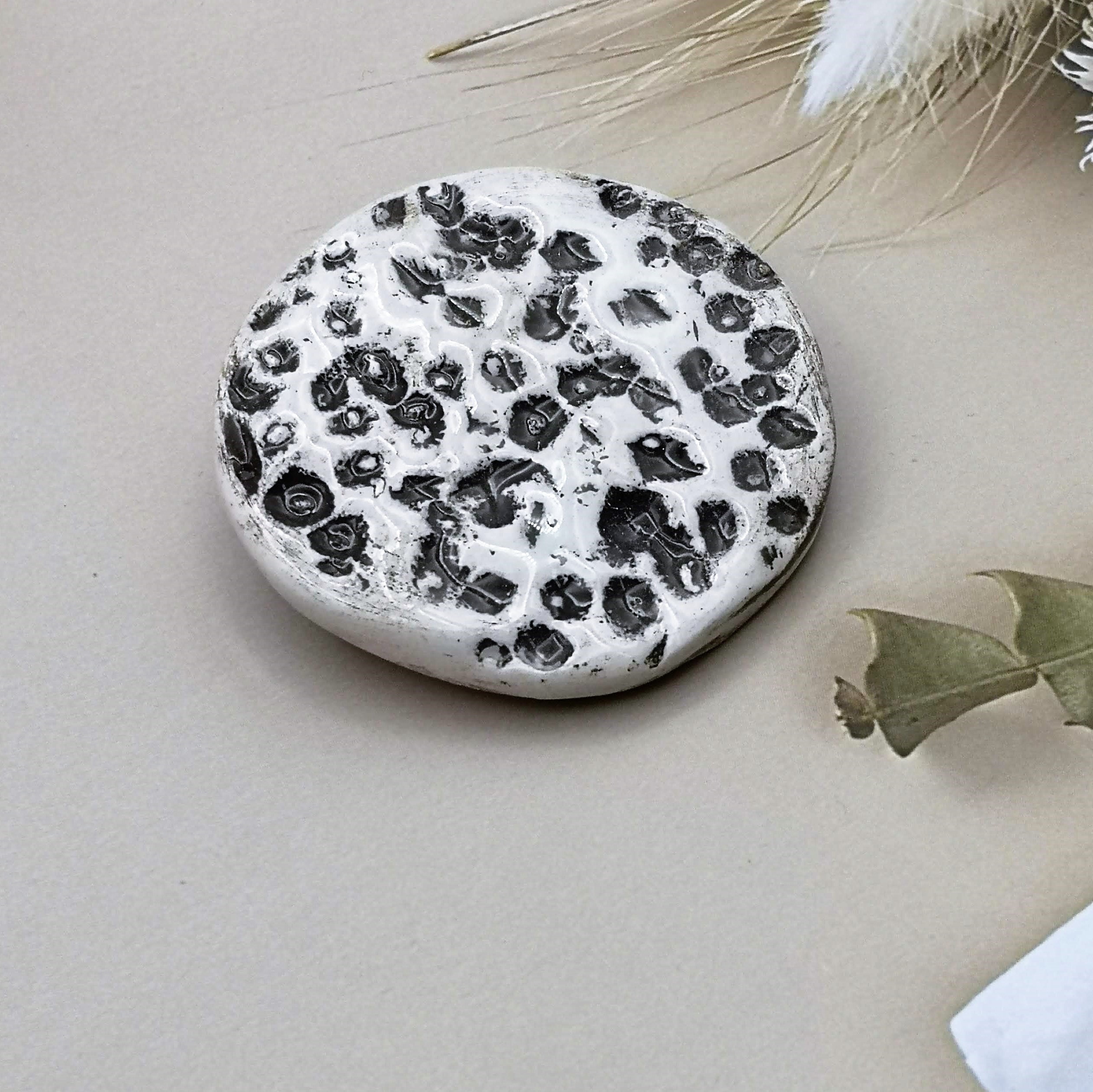 Beige Ceramic Moon Brooch, Handmade Textured Full Moon Pin, 5cm Wearable Art Jewelry, Dark Academia Gift for Her