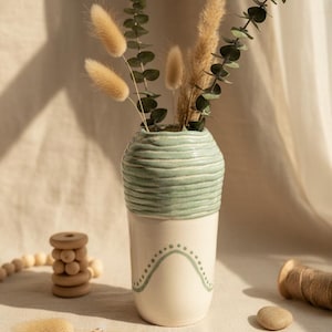 Sage Green Ceramic Vase, Handmade Portuguese Pottery, Textured Flower Vase, Tall Decorative Vase, Coastal Home Decor