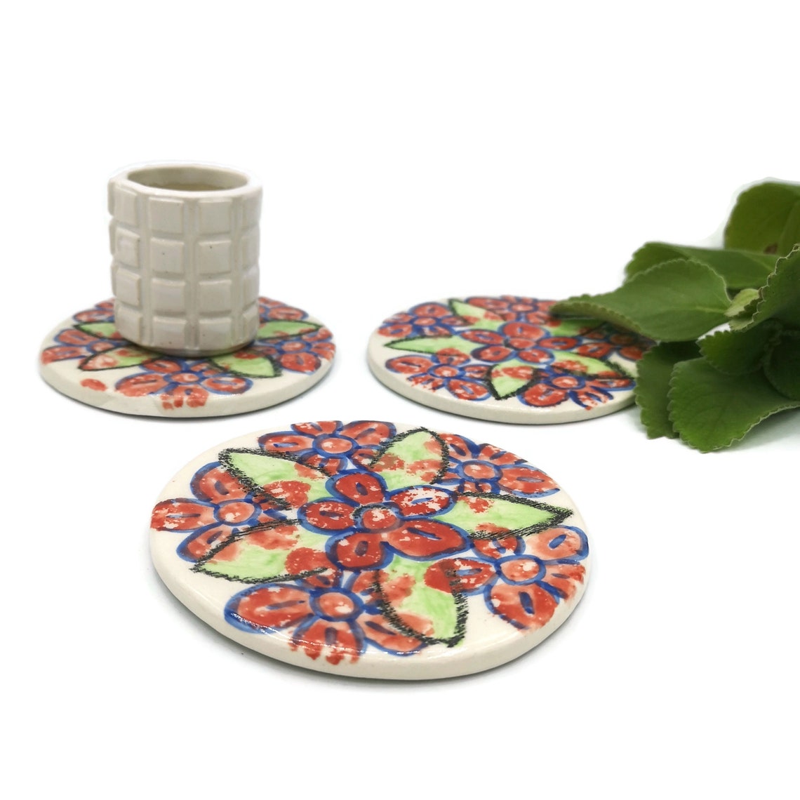 Handpainted coasters floral round ceramic coasters handmade Etsy