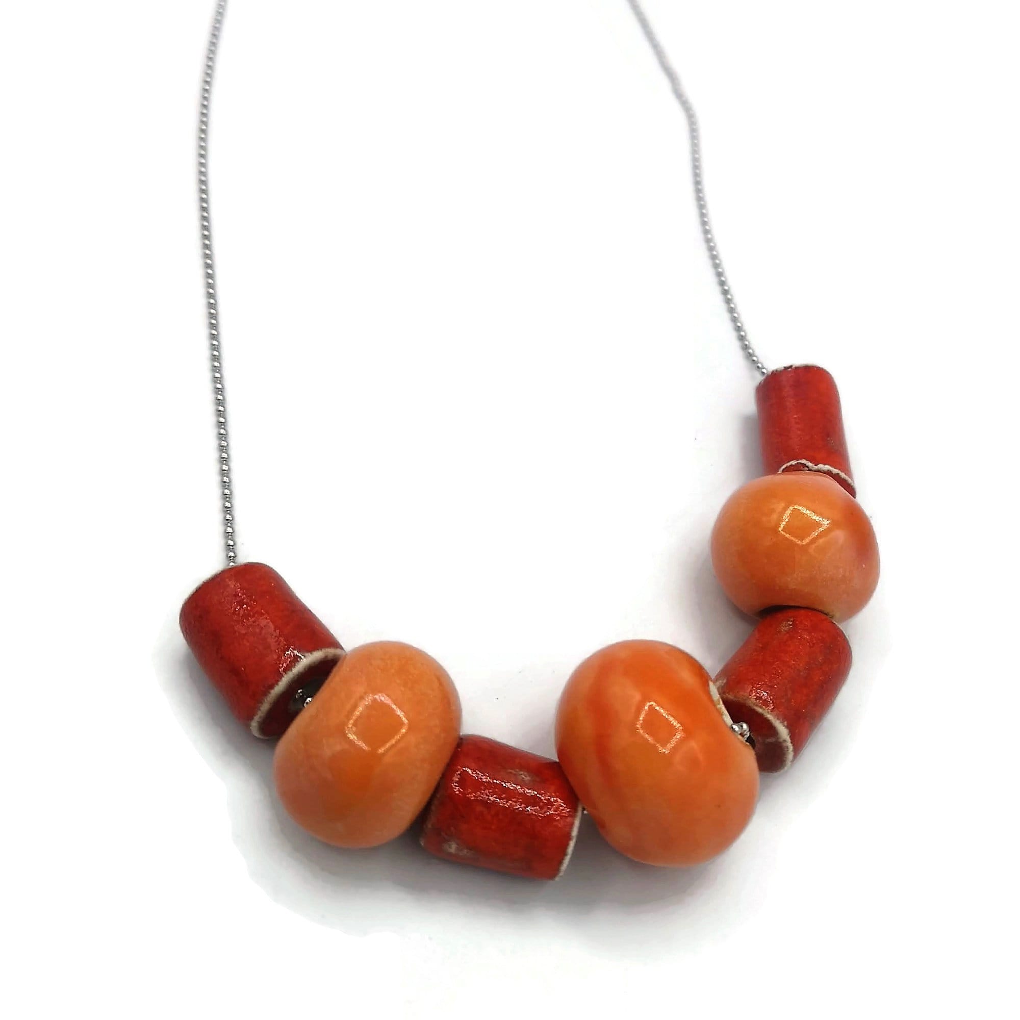 Large Red Orange Ceramic Statement Necklace Women, Handmade Beaded…