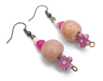 Handmade Ceramic Pink Dangle Earrings For Her, Novelty Cute Clay Jewelry, Aesthetic Artsy Earrings For Teenage Girl, Teen Girl Gift Ideas