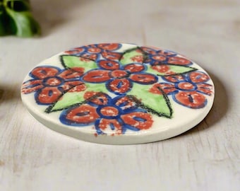Handpainted Floral Round Ceramic Coaster – Cork Backing for Desk Accessories
