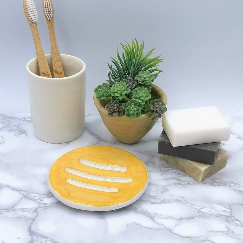 Yellow Handmade Ceramic Soap Dish With Drain, Soap Bar Holder, Eco Friendly Bathroom Accessories, Zero Waste Clay Soap Tray, Unique Pottery image 1