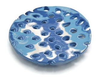 Handmade Ceramic Soap Dish Self Draining, Matte Blue Pottery Soap Bar Holder, Eco-Friendly Products, Shampoo or Sponge Holder for Bathroom