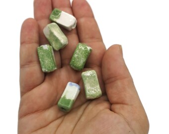 6 Ceramic Tile Beads for Jewelry Making, Rectangle Spacer Beads, Flat Square Clay Beads, Bracelet Beads, Handmade Bead Set