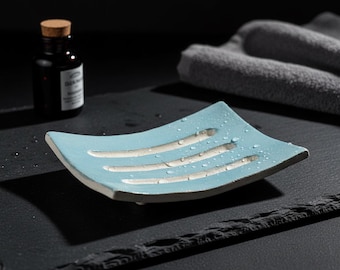 Handmade Ceramic Soap Dish Blue Draining Soap Holder, Bathroom Decor, Soap Saver Tray, Minimalist Zero Waste Bathroom Accessory