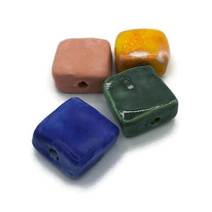 Set of 4 Handmade Ceramic Clay Beads – Unique Square Beads for Crafts -  Handpainted