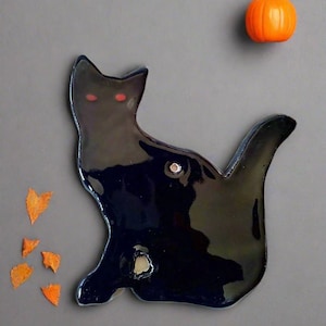 3Pc Handmade Ceramic Black Cat Wall Hanging - Halloween Ornament (11cm)