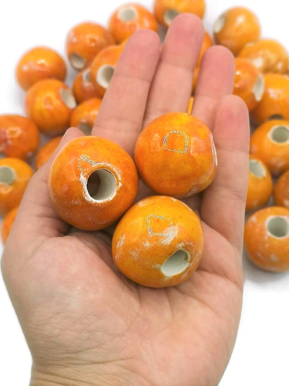1pc 30mm Extra Large Beads for Jewelry Making, Handmade Ceramic Macrame Beads  Large Hole 7mm, Unique Giant Orange Beads for Plant Hanger 