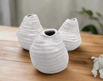 Set of 3 Handmade White Ceramic Vases | Irregular Shaped Pottery Sculpture | Abstract Ceramic Vessel for Home Decor | Unique Gift Idea