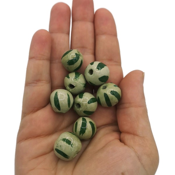 Round Ceramic Beads, Set Of 8 Craft Beads For Jewelry Making, Unique Decorative Clay Beads, Green Macrame Beads, Sacer Beads