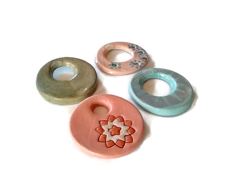 Selection of 4 unique ceramic pendants round big 60 mm pendant hand painted large handmade clay pendant for jewelry necklace pendant