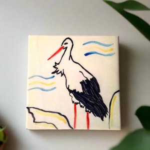 Handmade Ceramic Mosaic Tile Wall Art – Decorative Bird Tile with Stork Design