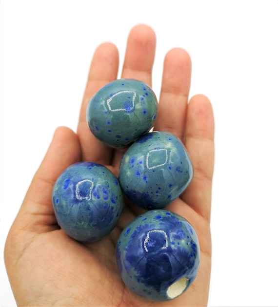 1pc Blue Handmade Ceramic Macrame Bead Large Hole Unique Clay