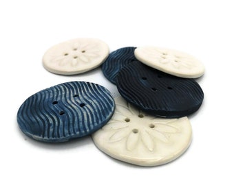 Set of 6 Handmade Ceramic Giant Sewing Buttons – Decorative Coat Buttons with Flower & Waves