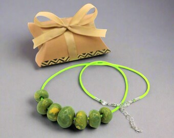 Handmade Green Boho Statement Necklace, Unique Ceramic Beaded Jewelry, Best Gifts for Her
