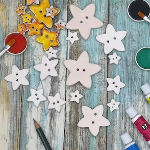 Botones de costura en forma de estrella en blanco: bizcocho de cerámica sin pintar para manualidades y bricolaje