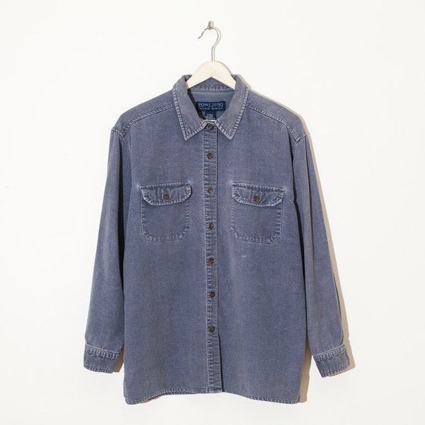 on sale - light blue velvet button-up shirt / worn lightweight jacket / size M / L