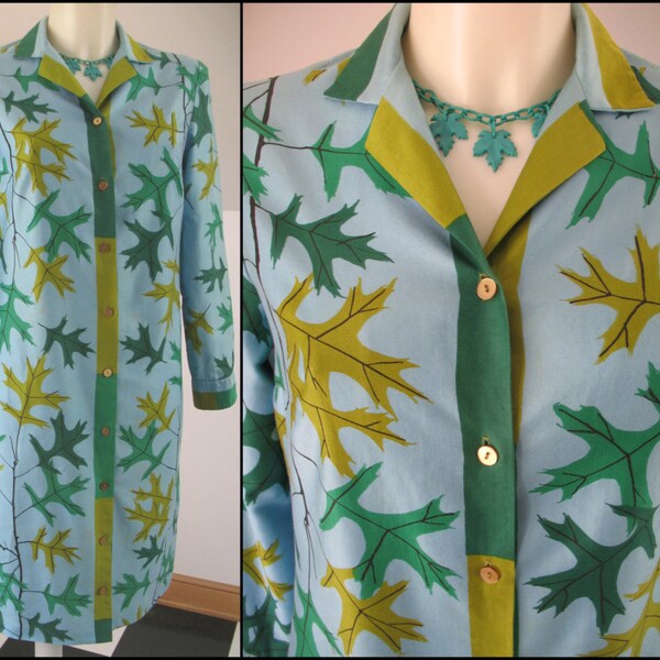 RESERESERVED for Geraldine ONLY!****Vintage 1960s Rare Designer VERA Neumann Shirt Dress Novelty Leaf Print Fall Autumn Cotton Size 37-34-38