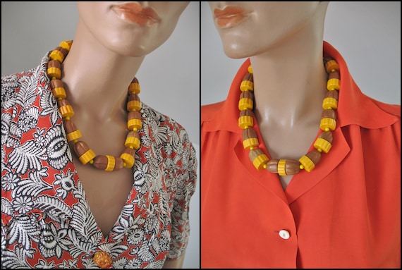 Vintage 30s 40s Chunky CARVED Wood and Carved But… - image 3