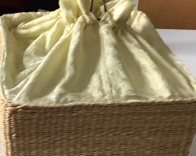 Square Lined Lantern Moon Knitting Basket Natural With Light Green