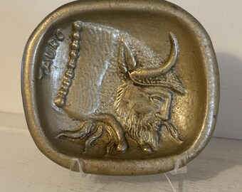 Vintage Brass Taurus Bull Dish | Heavy Cast Zodiac Trinket Tray (Signed)