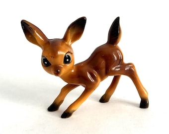 Kitsch Big Eyed Fawn Figurine | Mid Century Plastic Deer, Holiday Decor