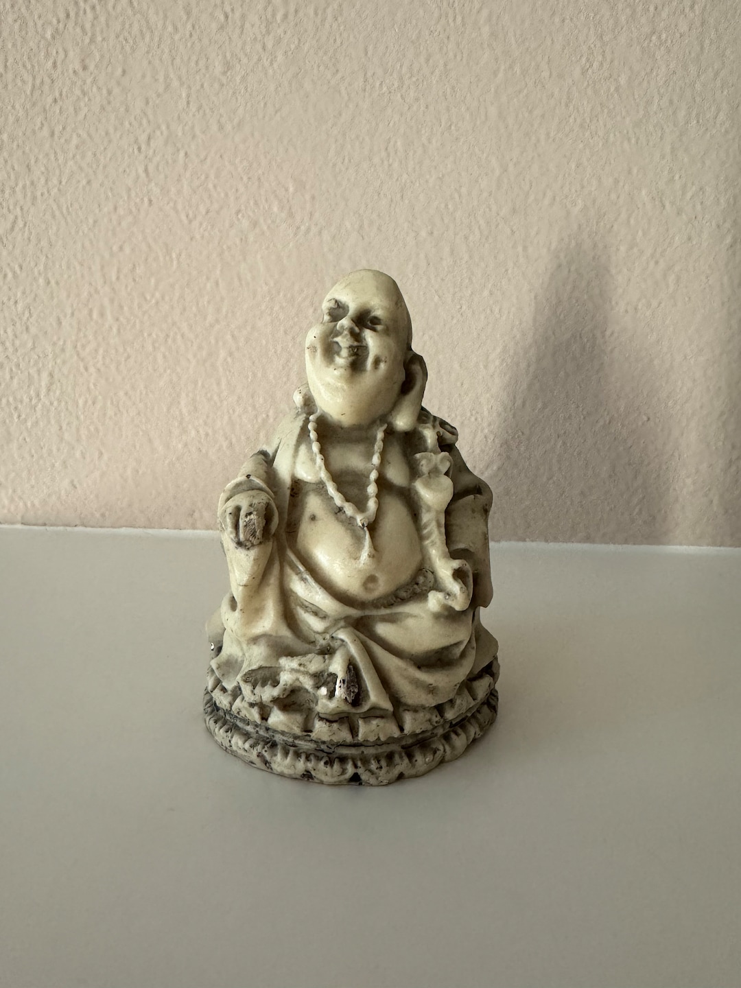 Vintage Resin Carved Big Eared Happy Smiling Buddha With Dimples