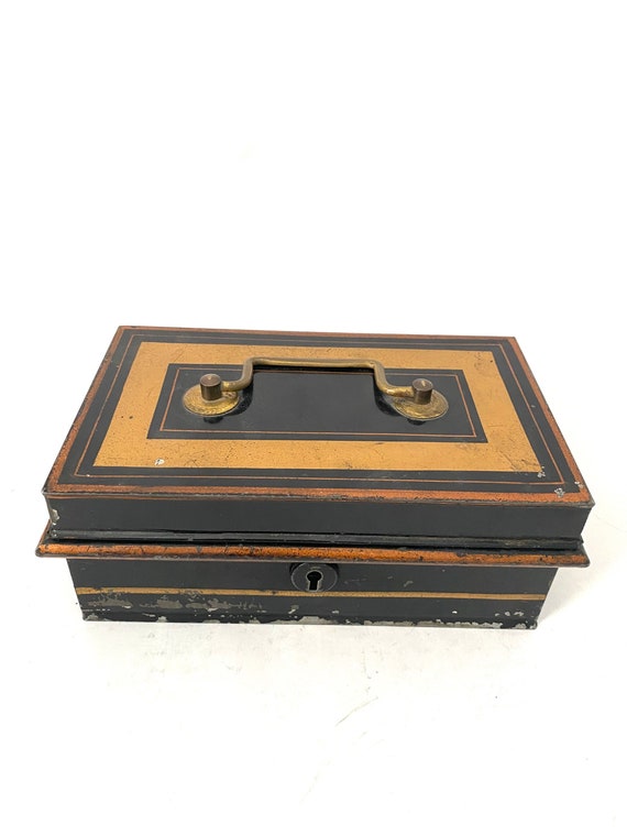 アンティークブラック＆ゴールドメタルキャッシュボックス：鍵付き書類