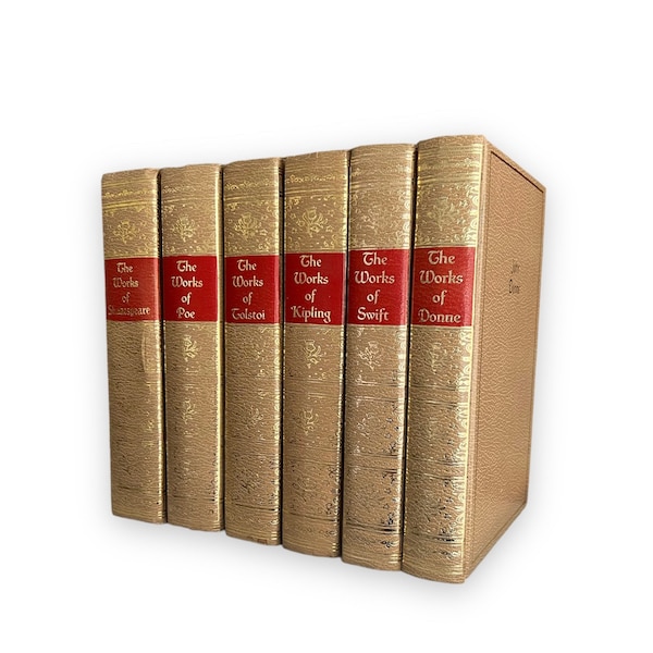 Vintage Set of Six Gold and Red Hardback Books Blacks Readers Service The Works of Shakespeare Poe Tolstoi Kipling Swift Donne