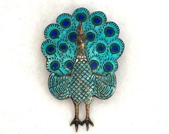 Spilla vintage a forma di pavone in argento sterling del Siam / Spilla a forma di uccello in smalto blu / Gioielli tailandesi 925