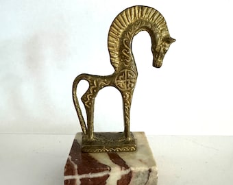 Vintage Mid-Century Modern Frederick Weinberg Style Brass Etruscan Greek Horse Sculpture Marble Base Made in Greece