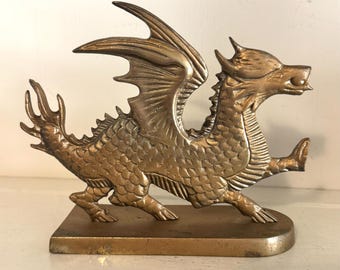 Vintage Brass Dragon Figurine | Winged Gothic Fantasy Sculpture (8" Long)