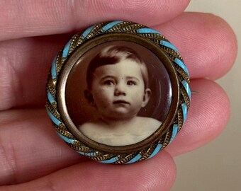 Victorian Baby Portrait Brooch | Turquoise Enamel Frame, Mourning Keepsake Jewelry