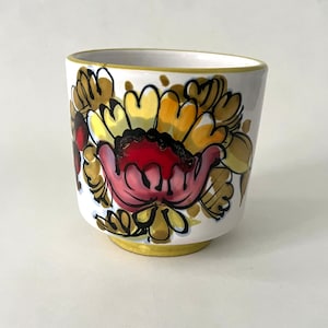 Vintage Hand Painted Round Ceramic Italian Planter Succulent Planter Red Green Yellow Flower or Vegetable like Design