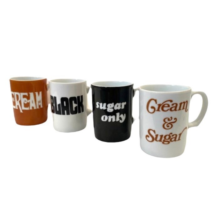 Vintage Coffee Mug Set of Four Black White Brown Labeled Cream Black Sugar Only Cream and Sugar RARE