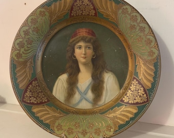 Antique Art Nouveau Portrait Tin Plate | Victorian Gypsy Maiden Charger | Ornate Gold Floral Tole Tray Wall Decor
