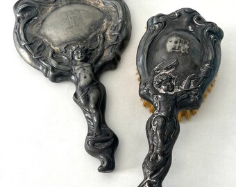 Antique Art Nouveau French Brush and Hand Mirror Set Engraved M Monogram Initial